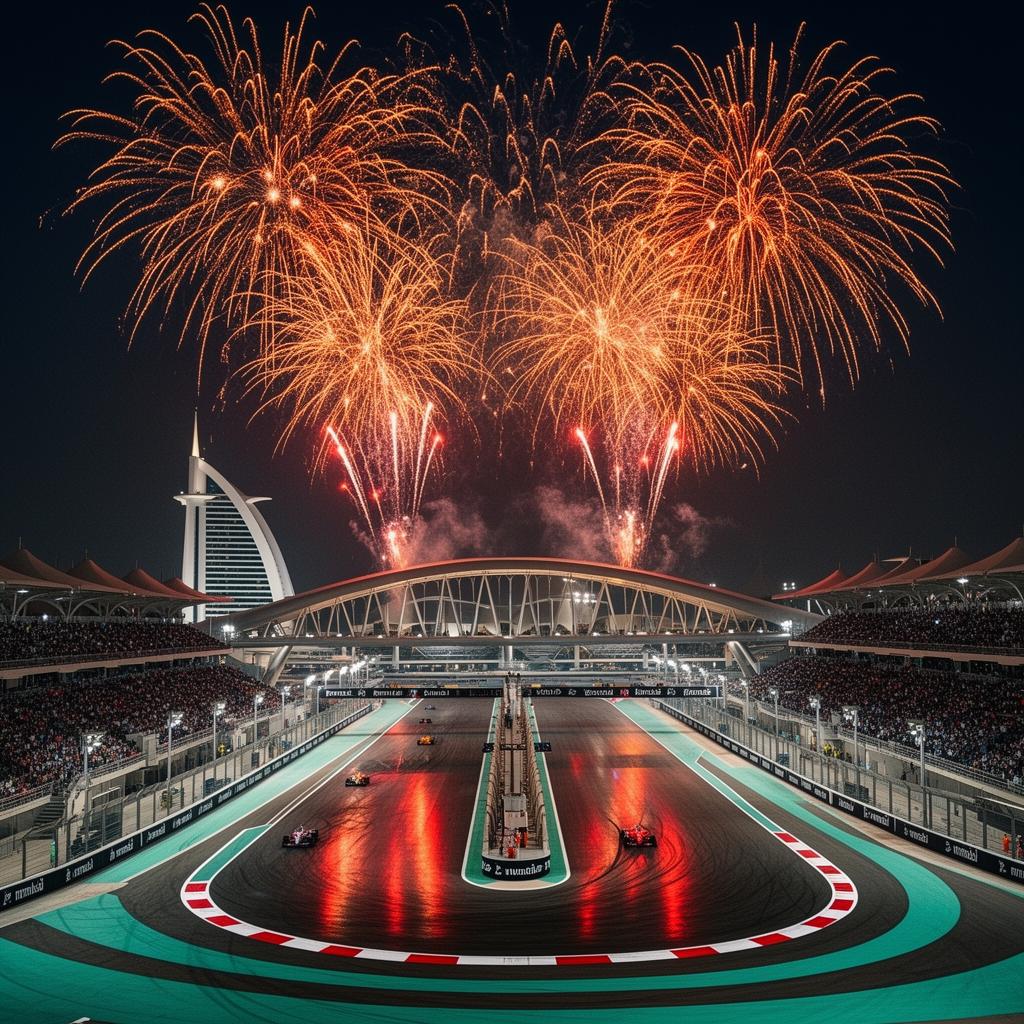 Formula 1 Yas Marina Circuit at twilight with fireworks